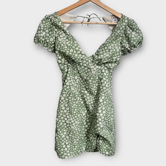 Princess Polly Kasey Mini Dress Green Floral Daisy Puff Sleeves - Picture 4 of 8
